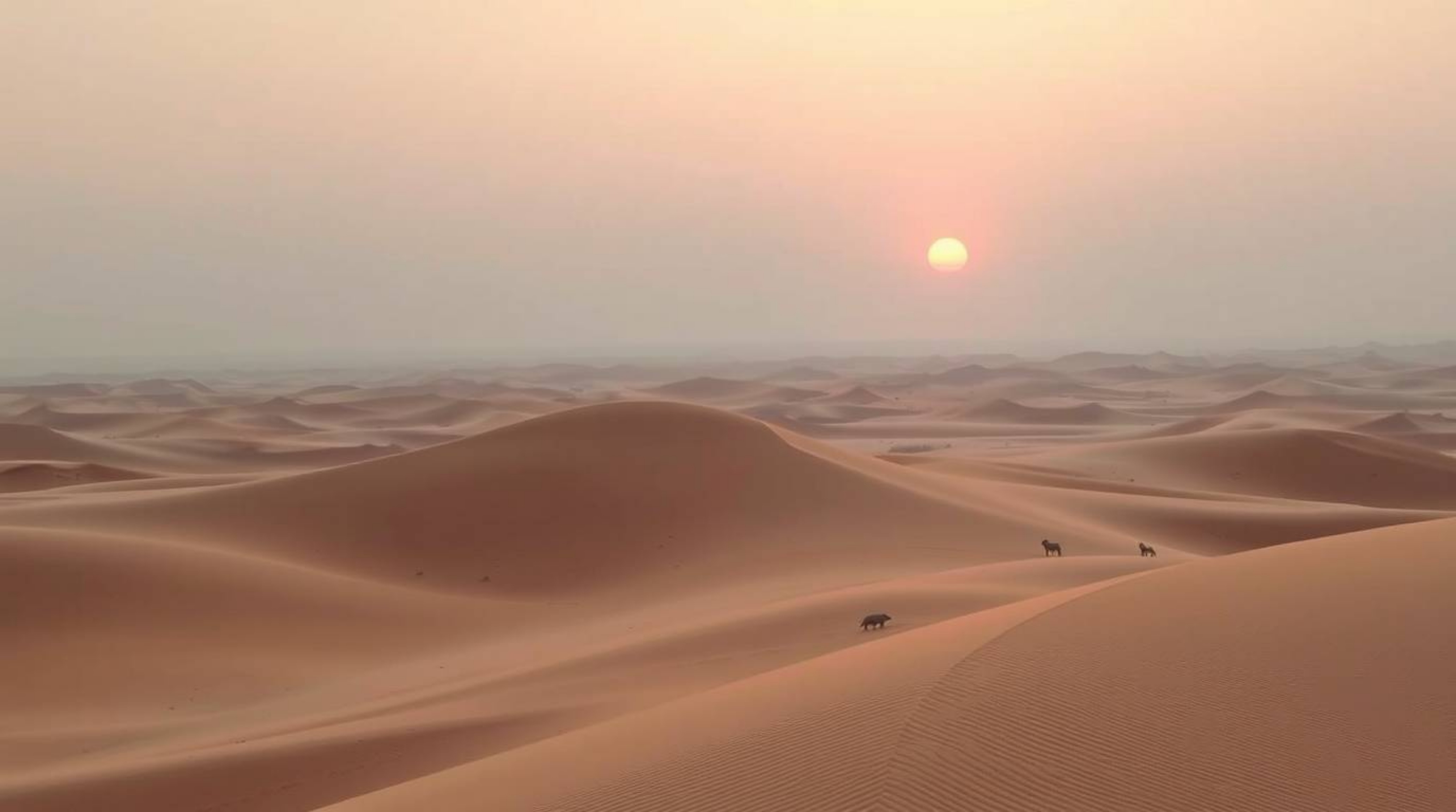 A captivating high-angle photograph showcases a gentle and soothing sunset over golden desert dunes.  The soft pastel colors 