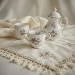 Capture the essence of elegance with this warm and intimate bokeh effect photograph of a delicate porcelain tea set.  Intrica