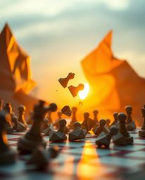 This artwork combines the intricate elegance of origami with the dramatic tension of a chessboard frozen mid-destruction.  Ba