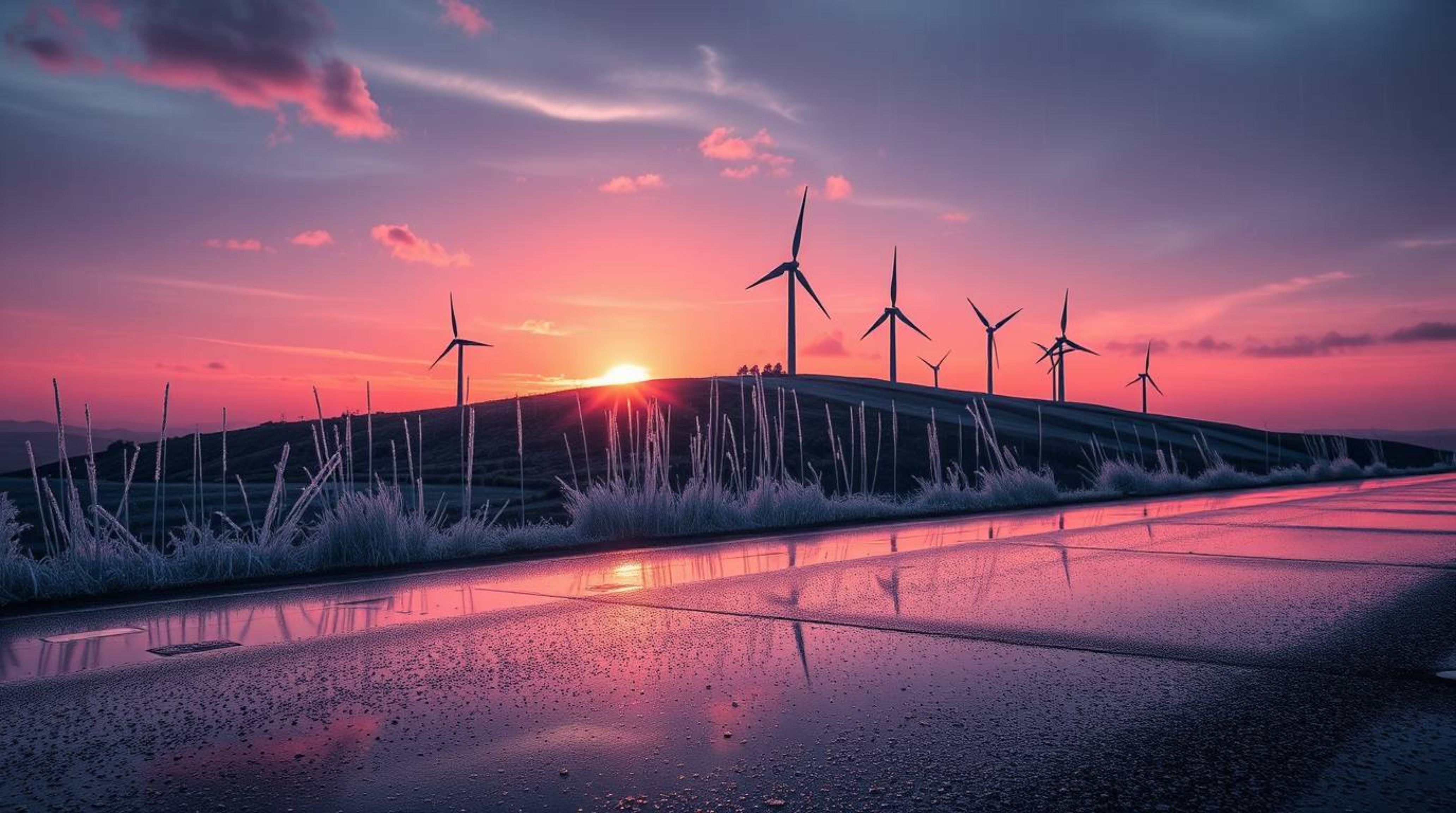 Explore a surreal infrared photograph capturing a rainy sunset behind wind turbines perched atop a hill. This otherworldly im