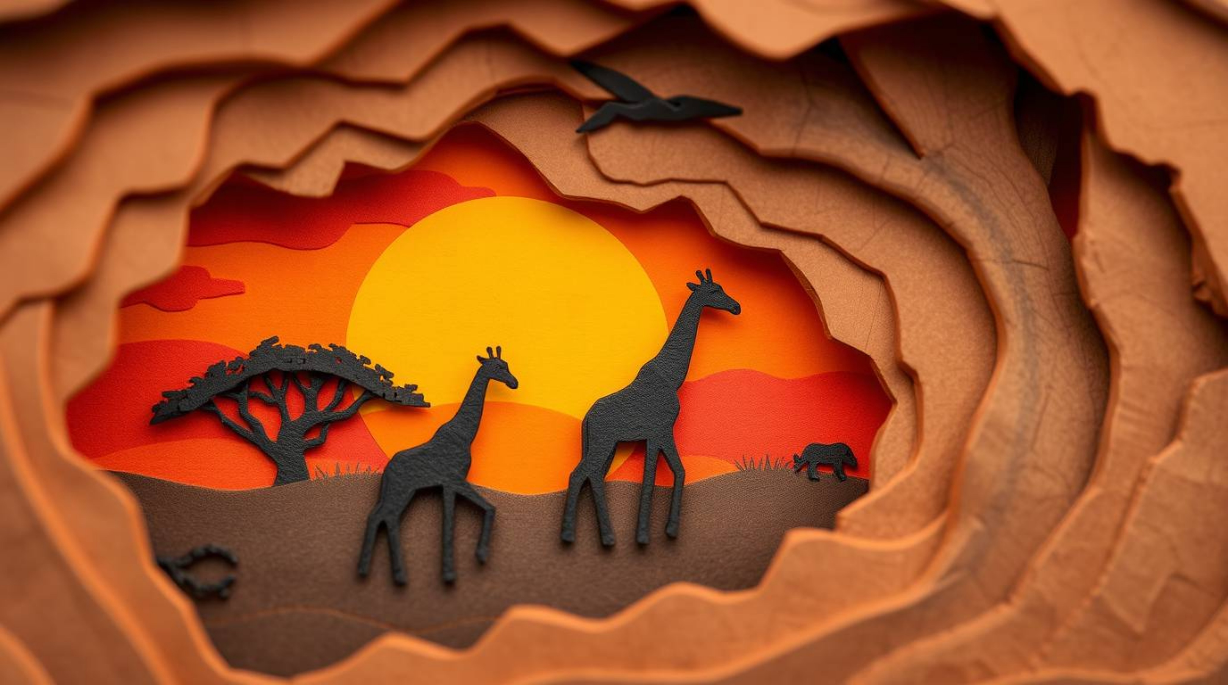 This close-up shot features a stunning sculpted, textured, and layered papier-mâché artwork depicting a serene sunset savanna