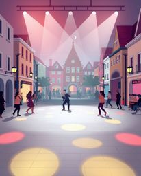 A vibrant musical performance unfolds in a bright town square, rendered in a modern flat design style that emphasizes creativ