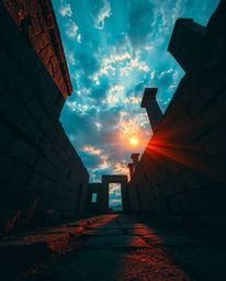 A low-angle perspective depicts a sunset casting shadows through ancient stone ruins, with the viewer looking upward. The sce