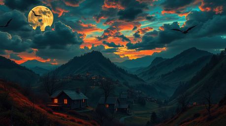 Discover a captivating scene of a cozy village nestled within a vibrant valley.  The atmosphere is uniquely eerie and creepy,