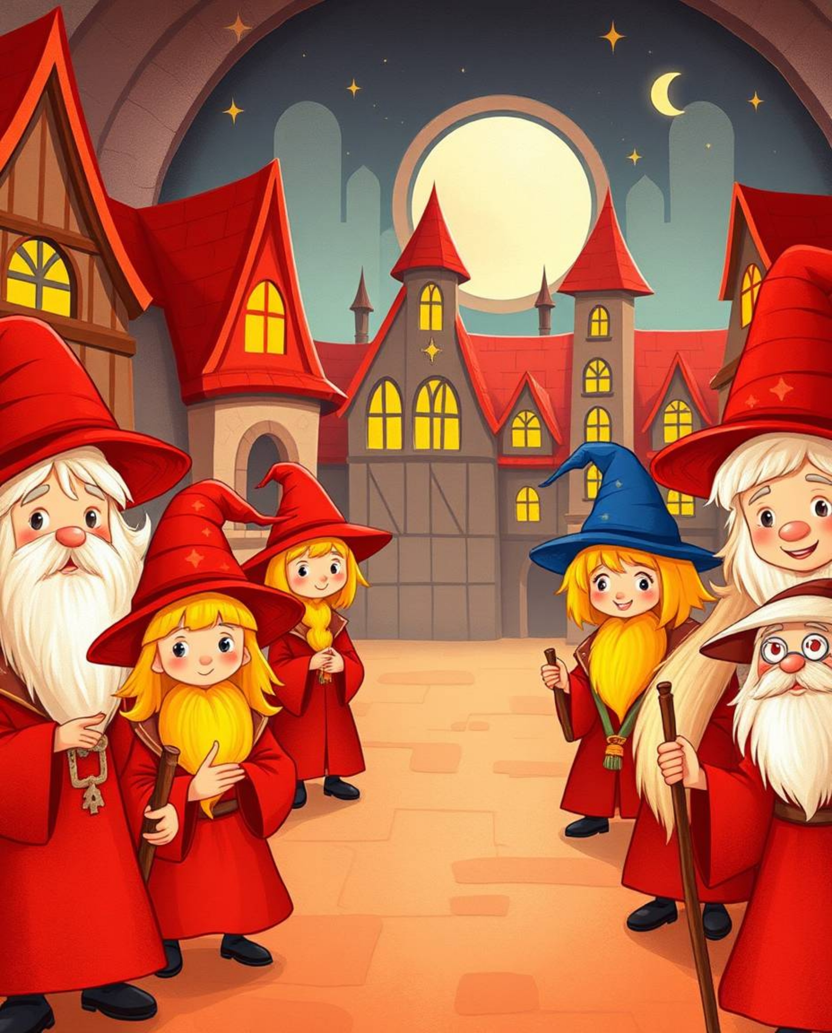 Discover a charming magical school brimming with adorable young wizards!  Rendered in warm, inviting colors, this whimsical i