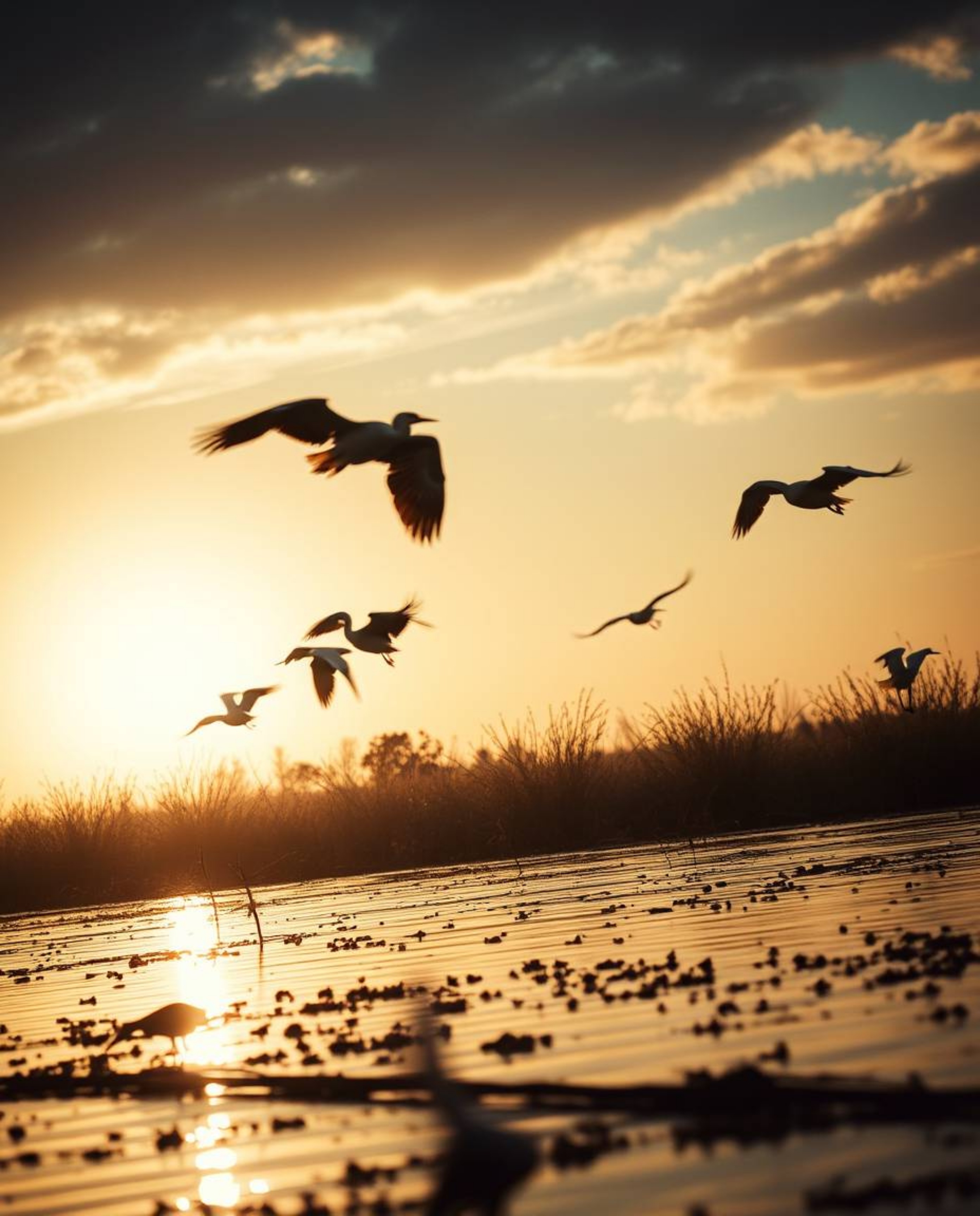A dramatic cinematic style image of a golden hour wetlands scene with herons flying. This photograph is characterized by its 
