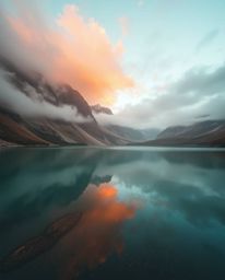 A cinematic image featuring a captivating blend of warm terracotta and cool teal hues. This photo depicts the serene reflecti