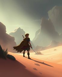Embark on a dreamy desert adventure with a brave hero in a stunning Disney-style landscape.  Experience soft, hazy light, low