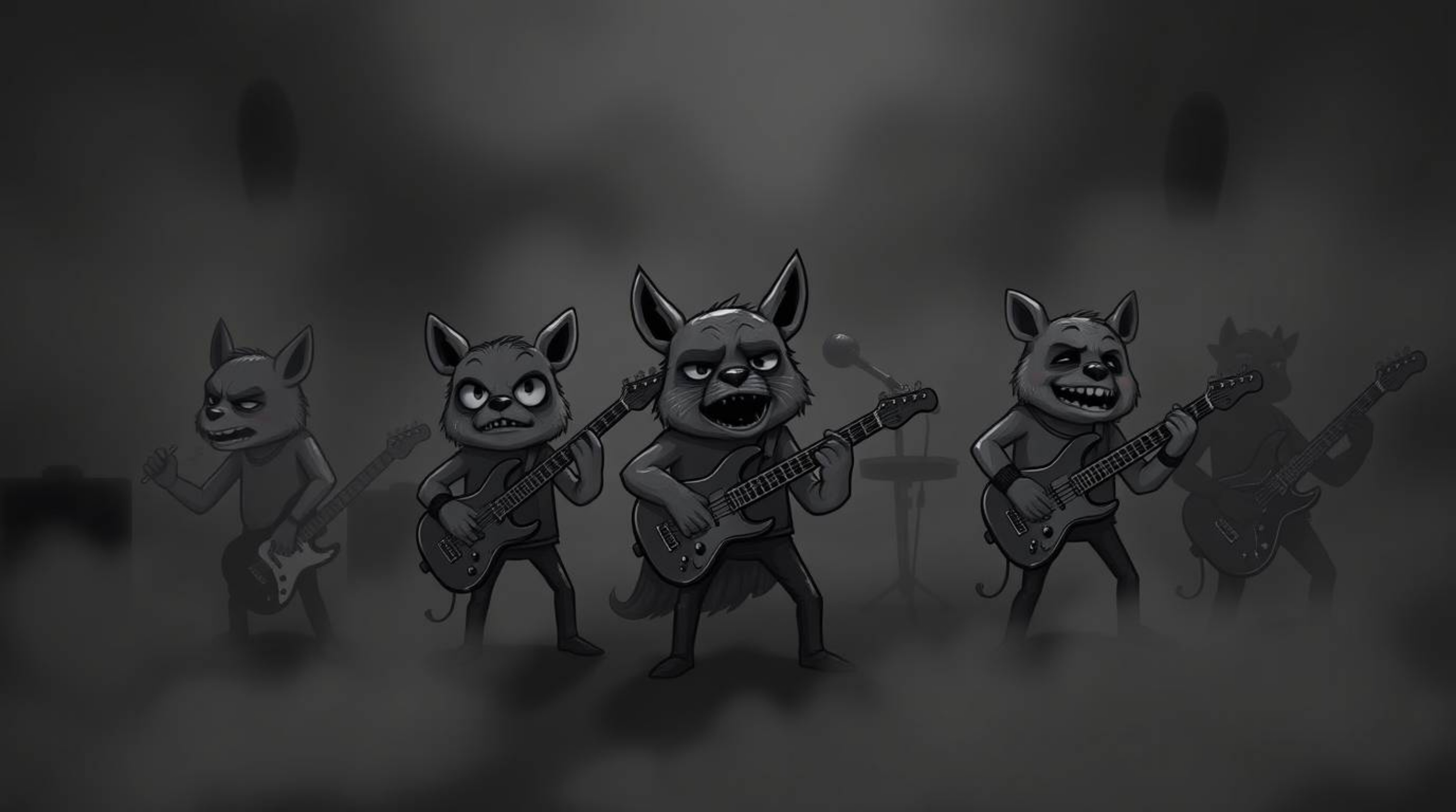 Imagine a band of cartoon animals rocking out in a dense, unsettling fog. The atmosphere is thick with an eerie and creepy fe
