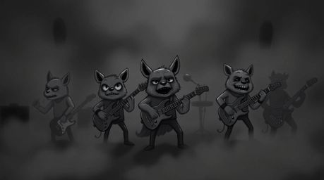 Imagine a band of cartoon animals rocking out in a dense, unsettling fog. The atmosphere is thick with an eerie and creepy fe