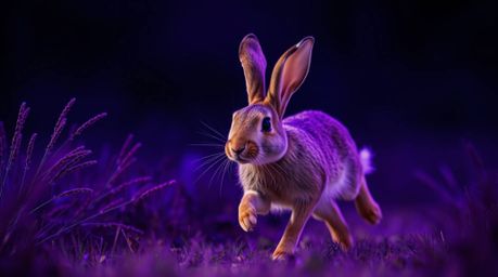 A graceful and elegant rabbit with refined features uses slapstick humor to outrun a hunter in a vibrant scene. Deep ultravio