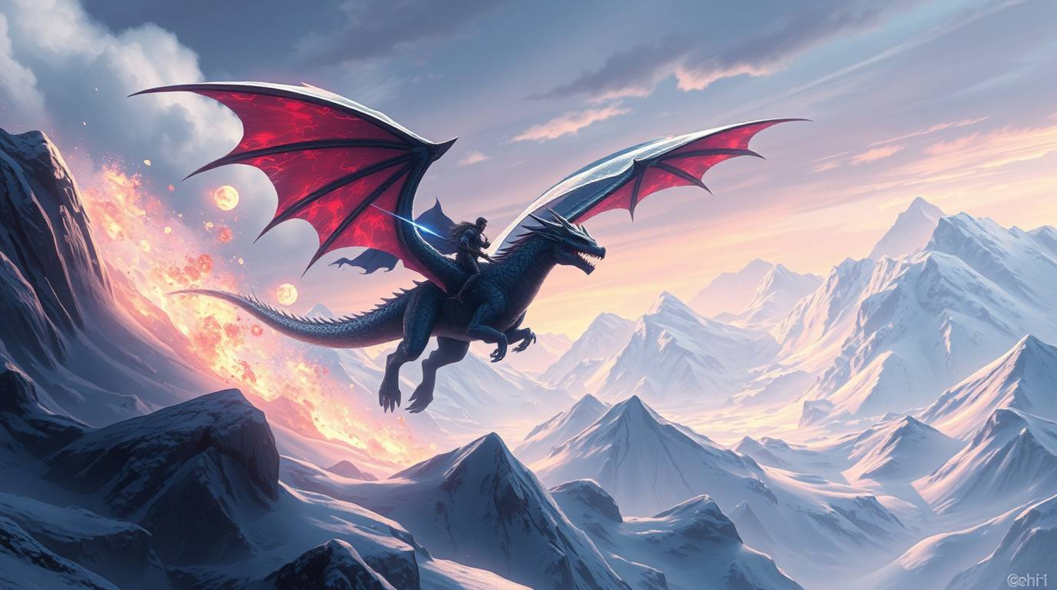 A breathtaking digital painting showcases a dragon and its rider soaring above majestic icy mountains.  The scene is infused 
