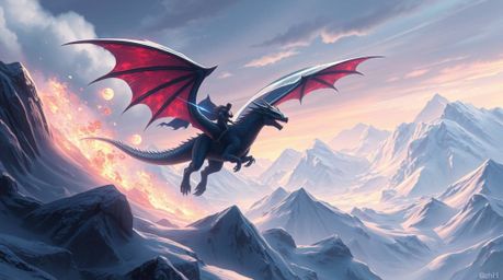 A breathtaking digital painting showcases a dragon and its rider soaring above majestic icy mountains.  The scene is infused 