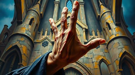 An extreme macro close-up captures a classic Disney villain's spellcasting hand within the aged walls of an old castle, rende