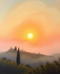 A painting of a sunset over misty Tuscan hills, creating a soft, dreamy atmosphere with hazy, soft light.