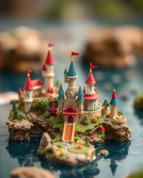 A vibrant photograph showcases a fantastical kingdom adorned with floating islands and majestic castles. The image employs a