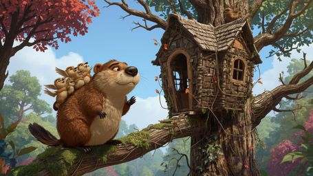 A high-resolution, commercially professional, Pixar-inspired stock photo depicts a beaver busily constructing an intricate, s