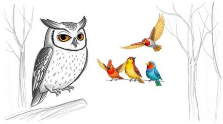 A heartwarming hand-drawn sketch in the style of Pixar depicts a serene blind owl patiently teaching a flock of vibrant birds