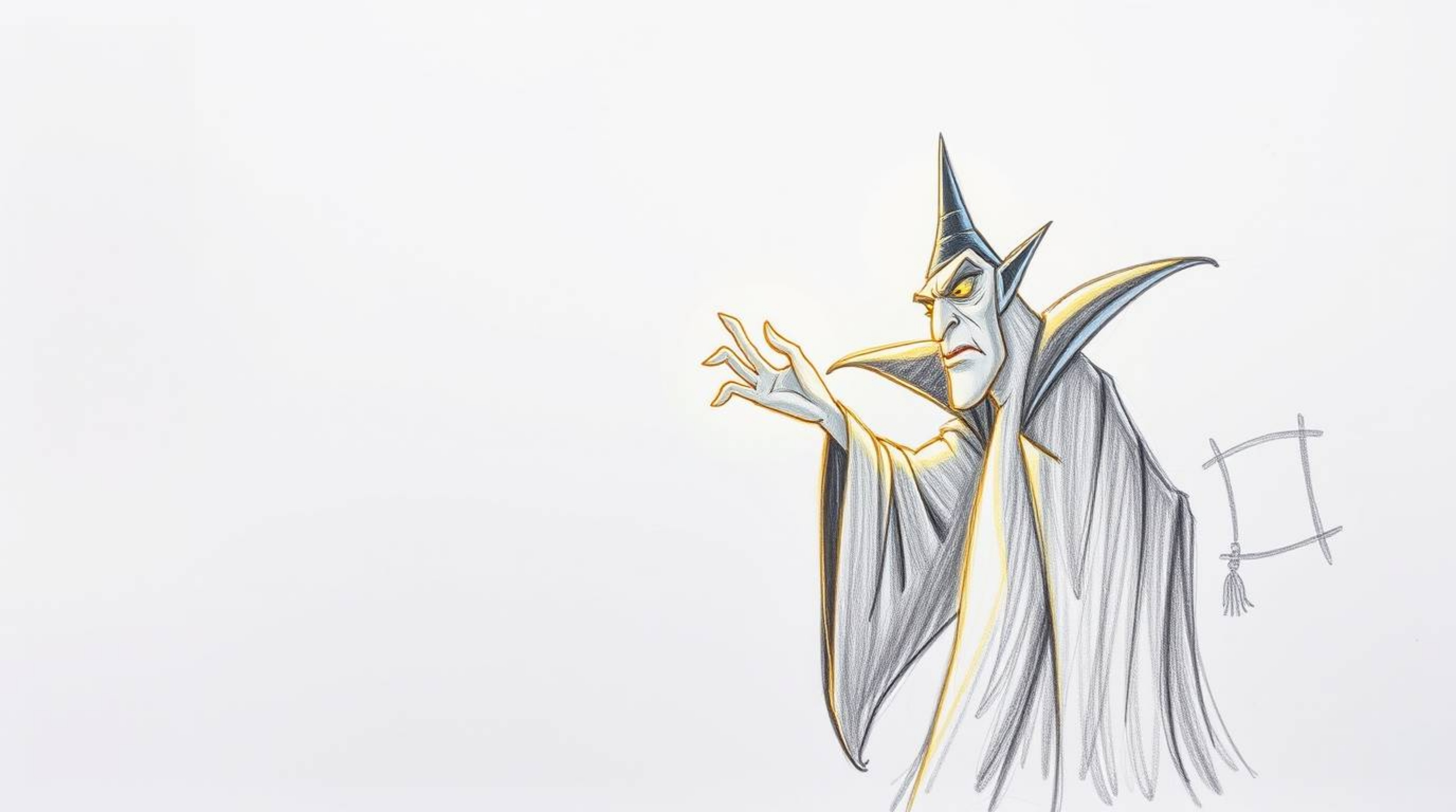 A hand-drawn sketch depicts a classic Disney villain with sharp features and pale skin, illuminated by the warm golden hour l