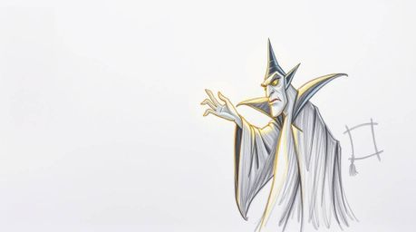 A hand-drawn sketch depicts a classic Disney villain with sharp features and pale skin, illuminated by the warm golden hour l