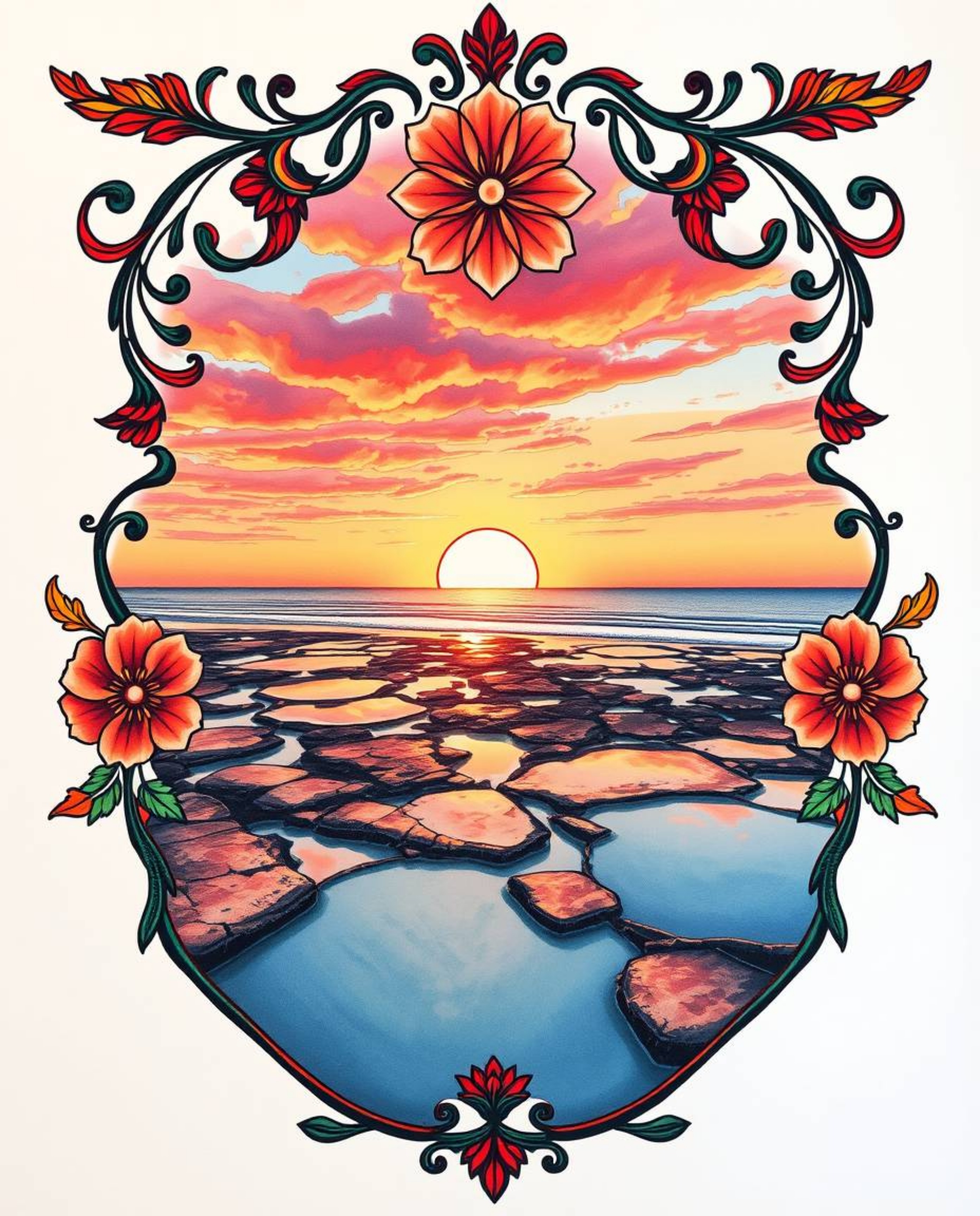 This traditional tattoo art print features a stunning bird's-eye view of a sunset sky mirrored in tidal pools. The artwork is