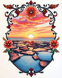 This traditional tattoo art print features a stunning bird's-eye view of a sunset sky mirrored in tidal pools. The artwork is