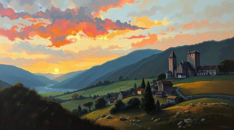 A captivating oil painting showcases a charming village nestled in a picturesque valley, bathed in the vibrant hues of a colo