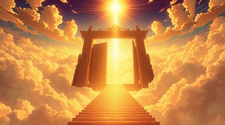 Experience a warm golden glow emanating from a heavenly gate suspended above the clouds in this Isekai anime-inspired fantasy