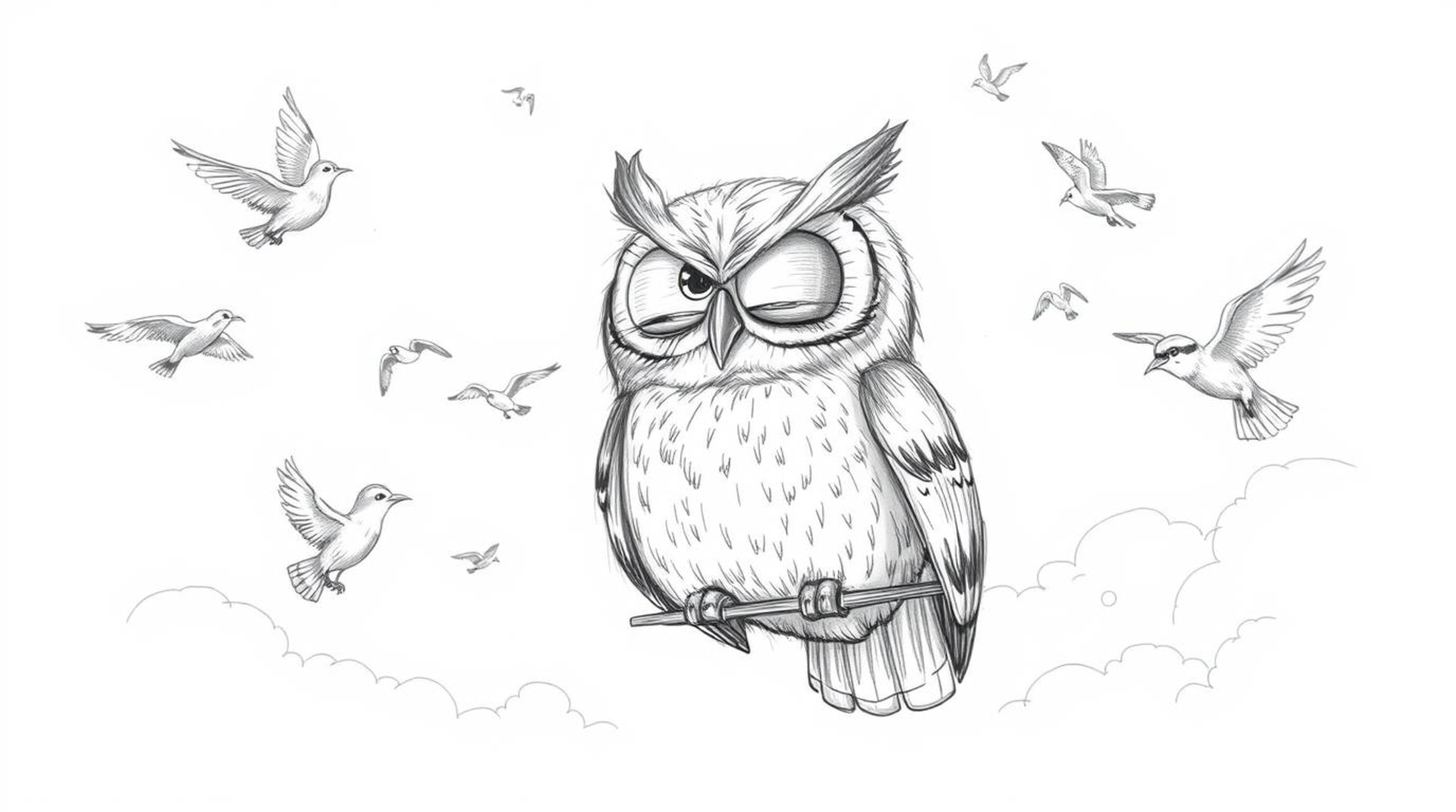 A textured pencil sketch showcasing a blind owl, rendered in Pixar style, is teaching various birds how to fly amidst a backd
