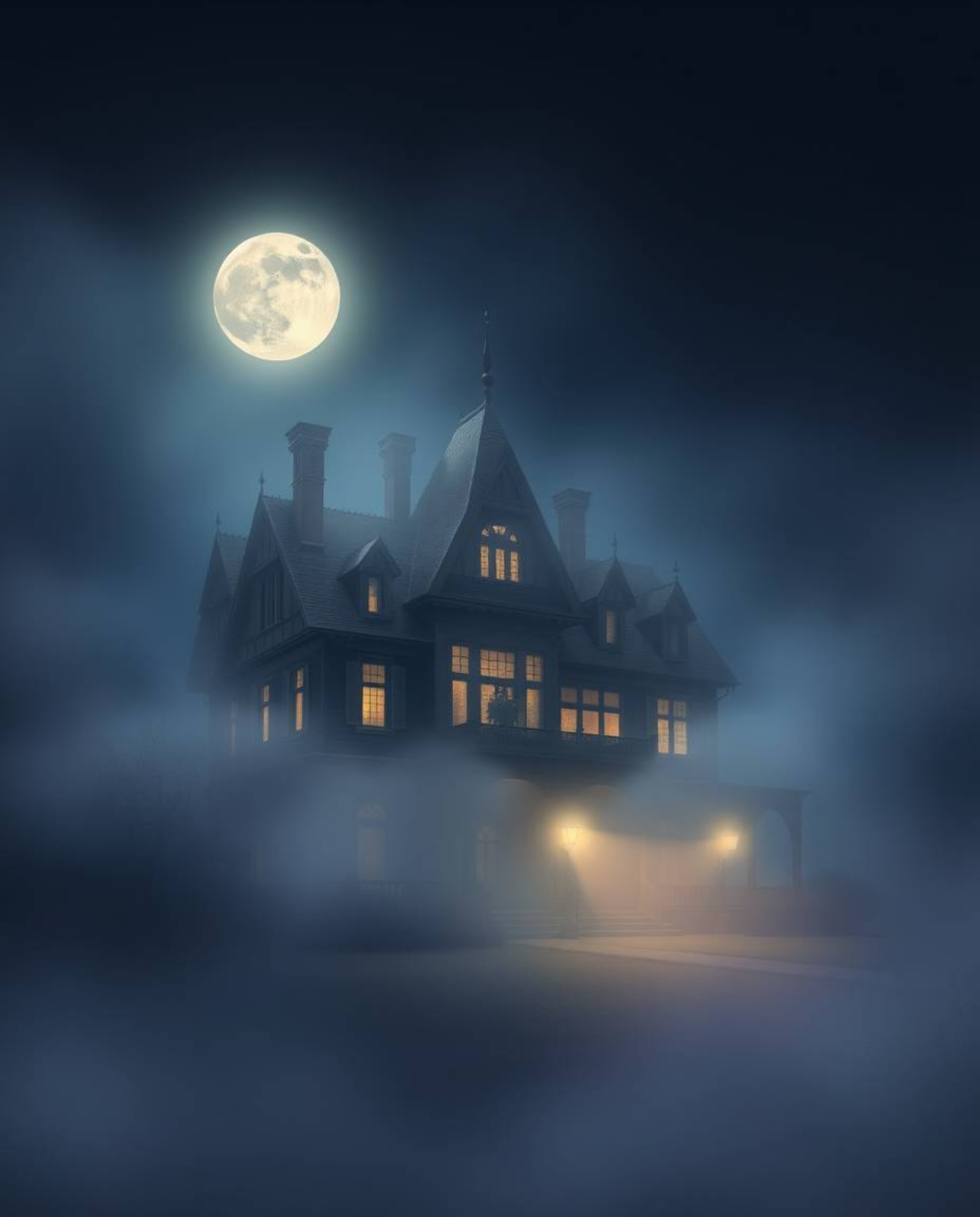 Explore a captivating digital painting showcasing a fog-covered Victorian mansion bathed in ethereal moonlight.  Seamless col