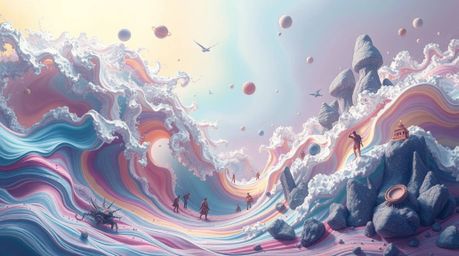 A dreamlike, surreal image showcasing a fluid abstract wave with a captivating pastel gradient texture.  Vibrant complementar