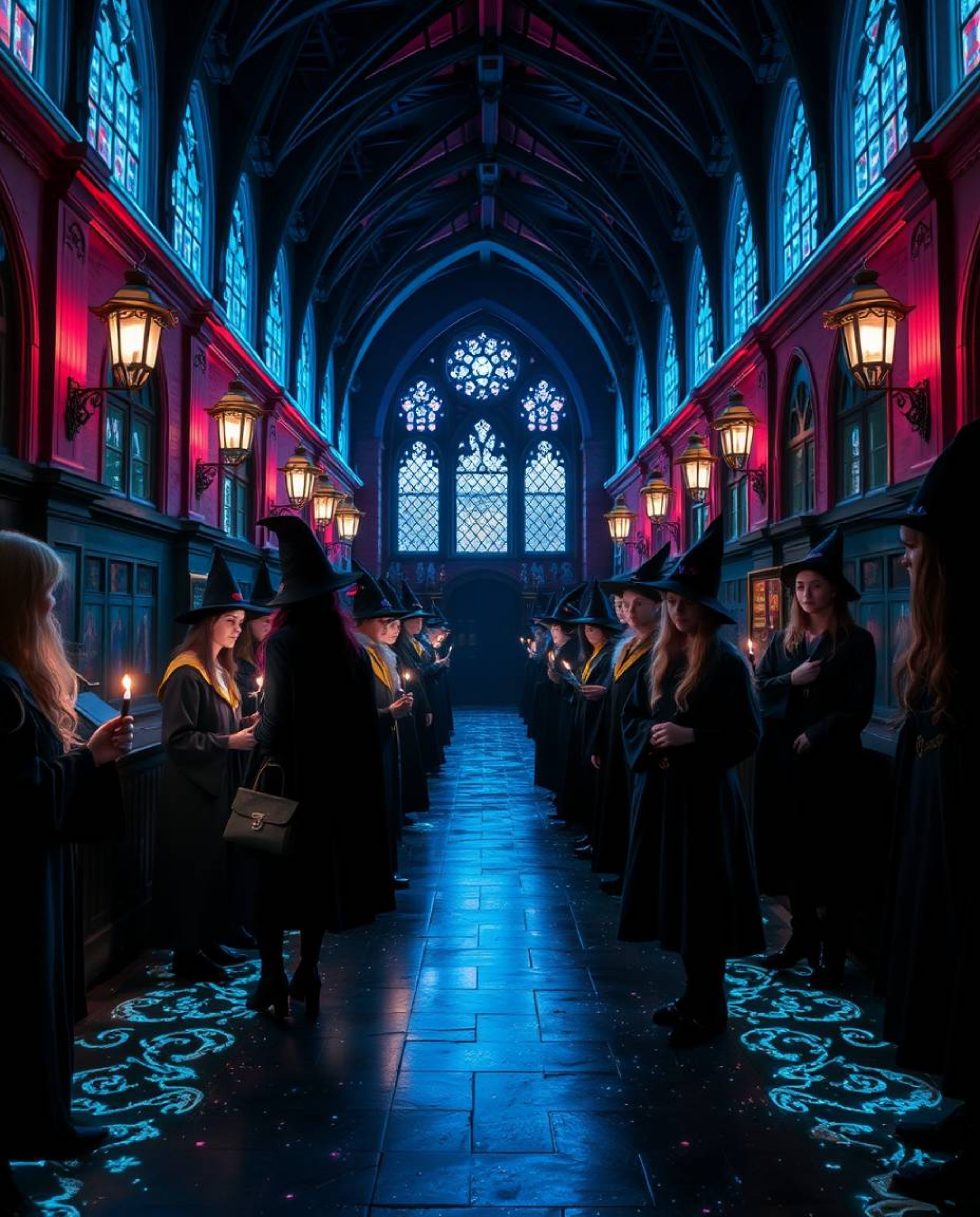 Immerse yourself in a magical school brimming with young wizards, where rich burgundy and deep blue bioluminescent colors ill