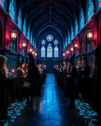 Immerse yourself in a magical school brimming with young wizards, where rich burgundy and deep blue bioluminescent colors ill