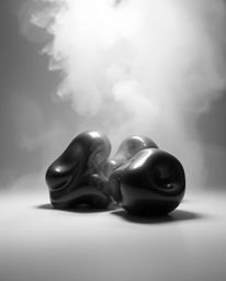 A timeless and elegant black and white photograph showcases sculptural 3D fluid shapes resembling mercury under studio lighti