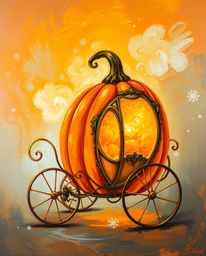 This bold acrylic painting depicts a graceful and elegant magical pumpkin undergoing a mesmerizing transformation into a carr
