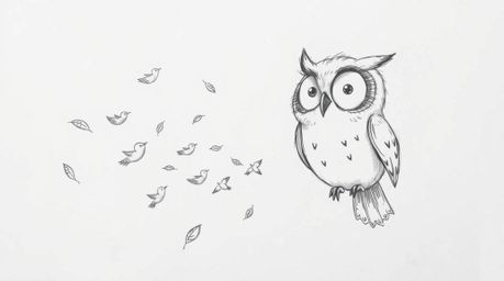 A whimsical hand-drawn sketch, Pixar style, depicts a blind owl with large, expressive eyes and soft feathers, gently guiding