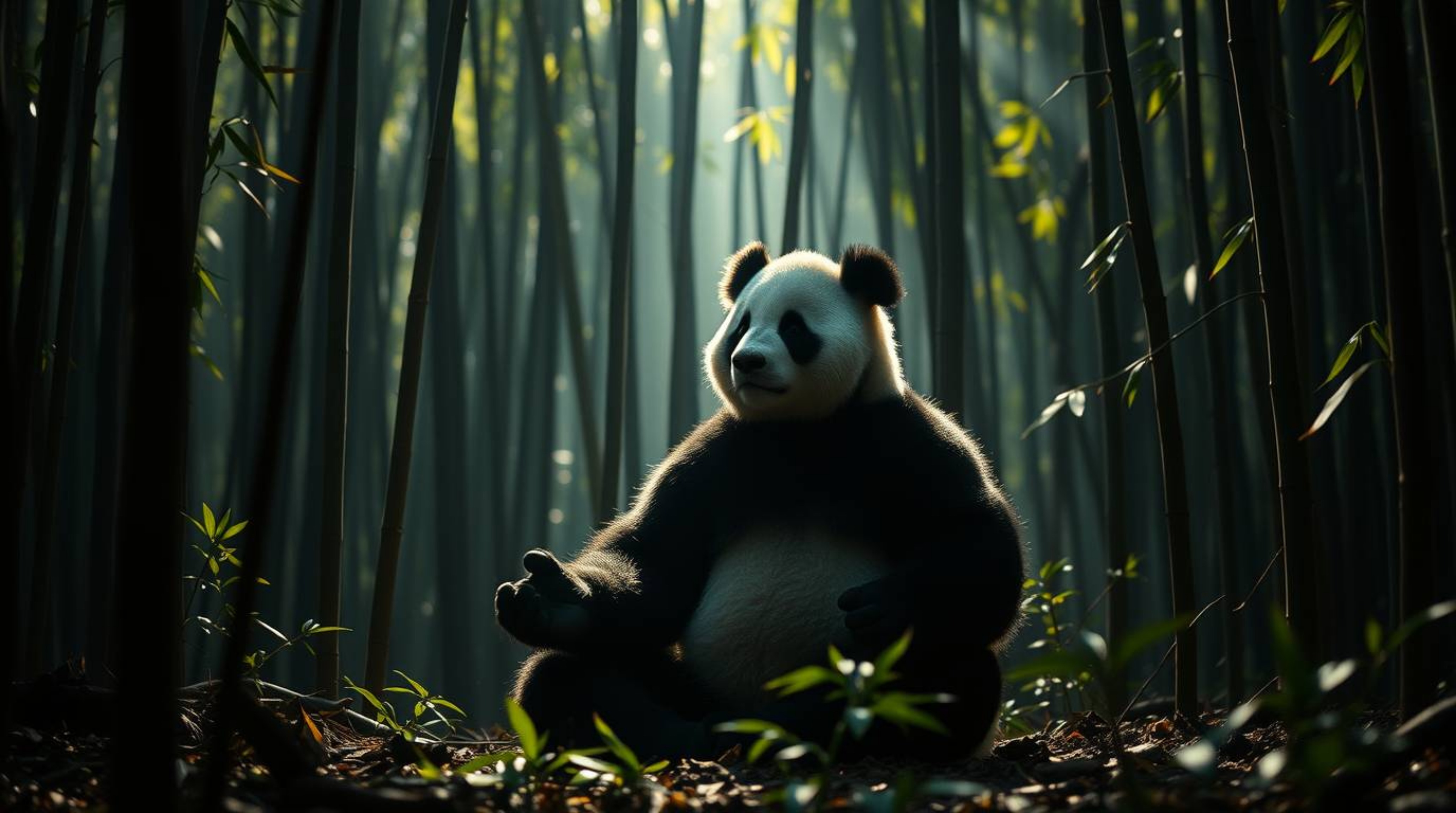 A captivating cinematic image showcases a martial artist panda deeply engrossed in meditation within a serene bamboo forest. 