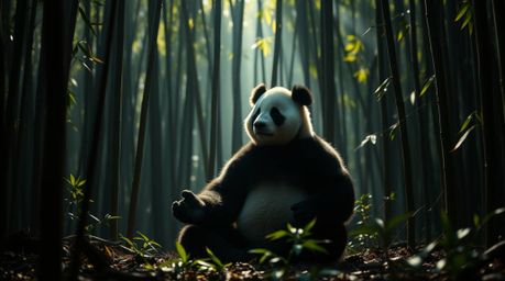 A captivating cinematic image showcases a martial artist panda deeply engrossed in meditation within a serene bamboo forest. 