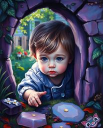 Discover a captivating classic oil painting depicting an adorable child with enchanting features stumbling upon a magical bac