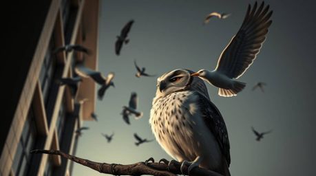 Explore stunning architectural color photography featuring a unique Pixar style blind owl teaching birds to fly. This image s