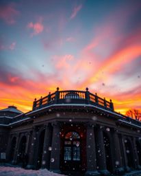 This is a precise architectural color photograph capturing snowflakes falling during a vibrant sunset. Presented in a cinemat