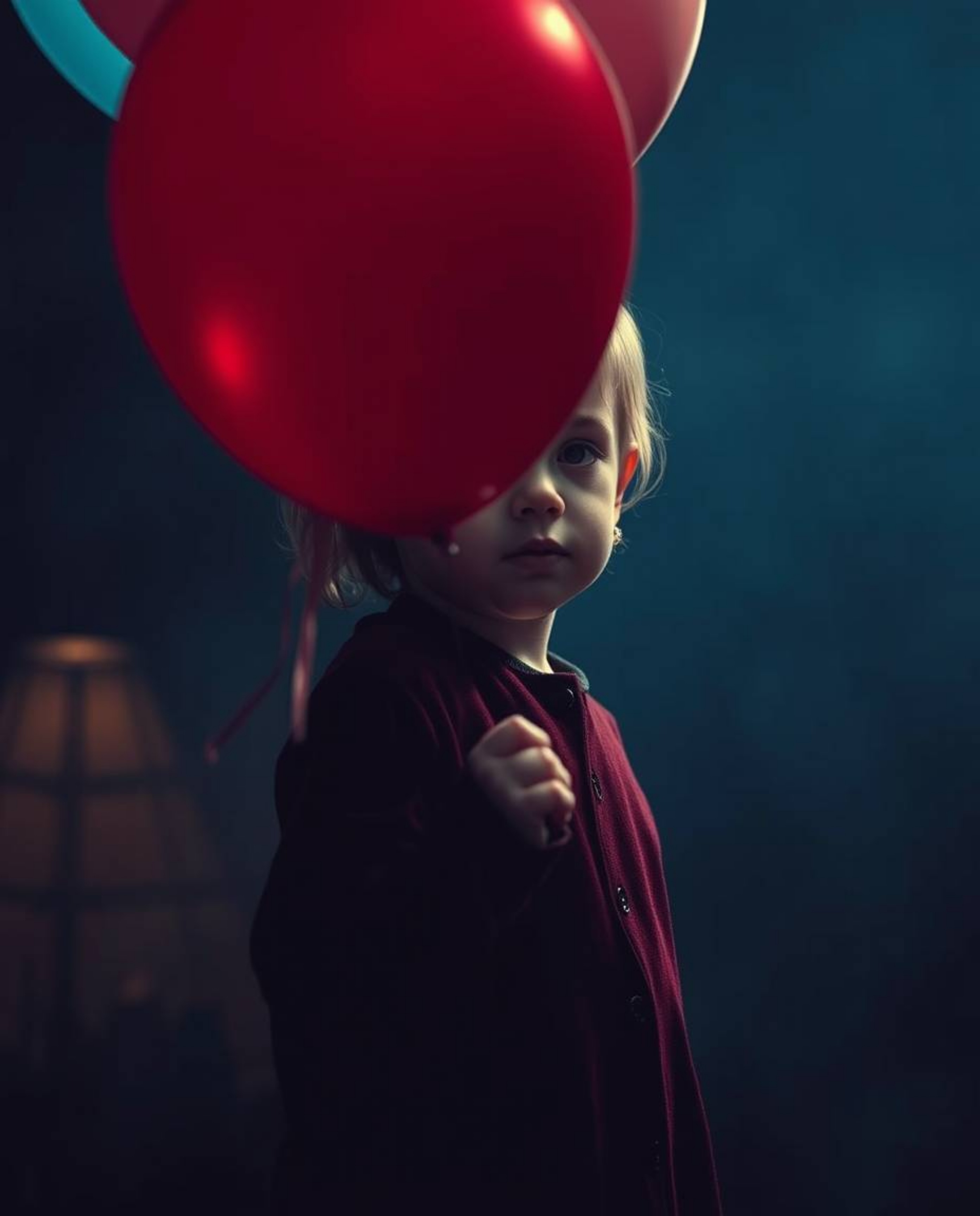 A captivating image featuring a child with fair skin holding a balloon, rendered in a dramatic cinematic style. The compositi