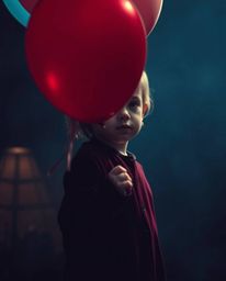 A captivating image featuring a child with fair skin holding a balloon, rendered in a dramatic cinematic style. The compositi