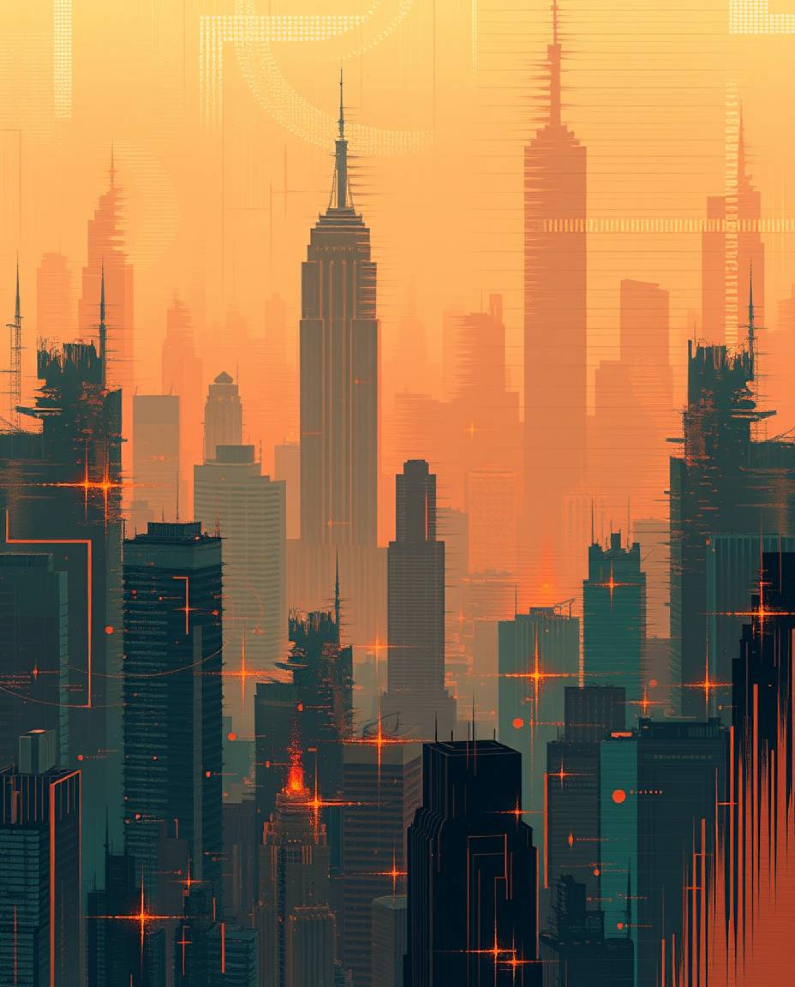 A captivating digital painting showcases a glitchy digital landscape featuring distorted skyscrapers and static noise.  The a