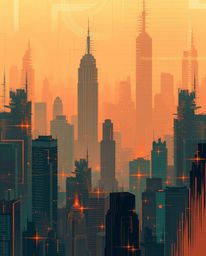 A captivating digital painting showcases a glitchy digital landscape featuring distorted skyscrapers and static noise.  The a