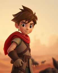 Embark on a thrilling Disney-style desert adventure with a brave hero, depicted with a soft focus, hazy background, and seaml