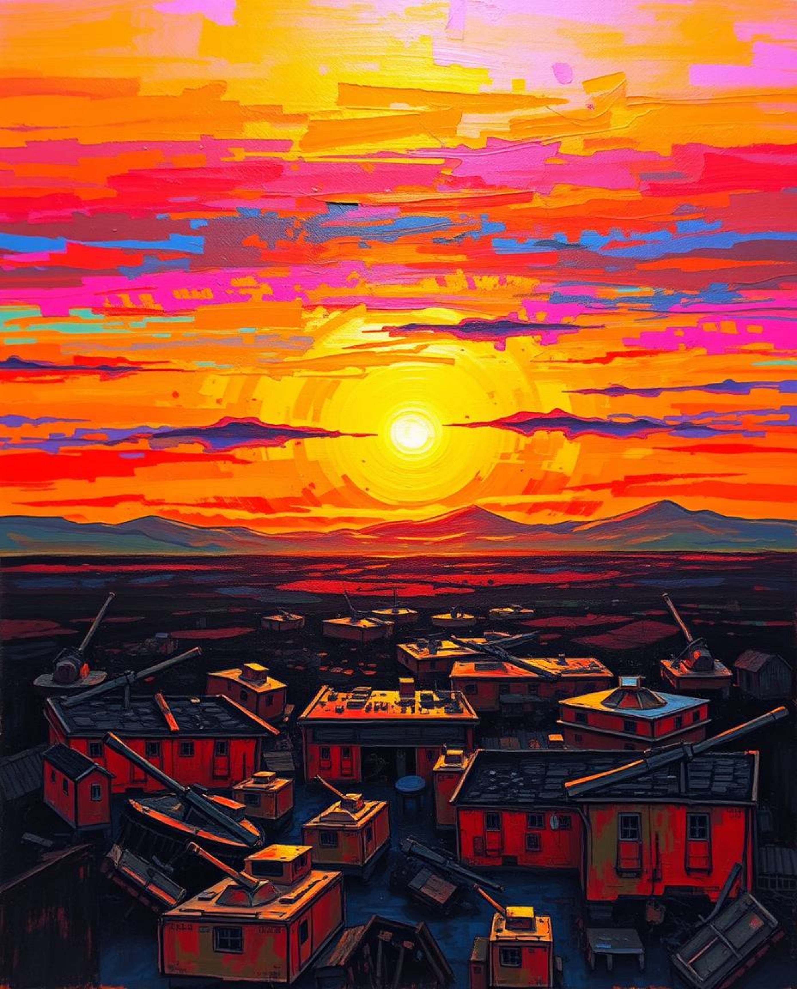 A captivating bold acrylic painting depicts a vibrant sunrise over a war-torn landscape.  Iridescent colors and textured brus