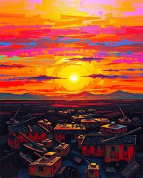 A captivating bold acrylic painting depicts a vibrant sunrise over a war-torn landscape.  Iridescent colors and textured brus