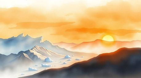 Experience the serene beauty of a delicate watercolor painting depicting a sunset over icy polar glaciers. Rendered in warm a