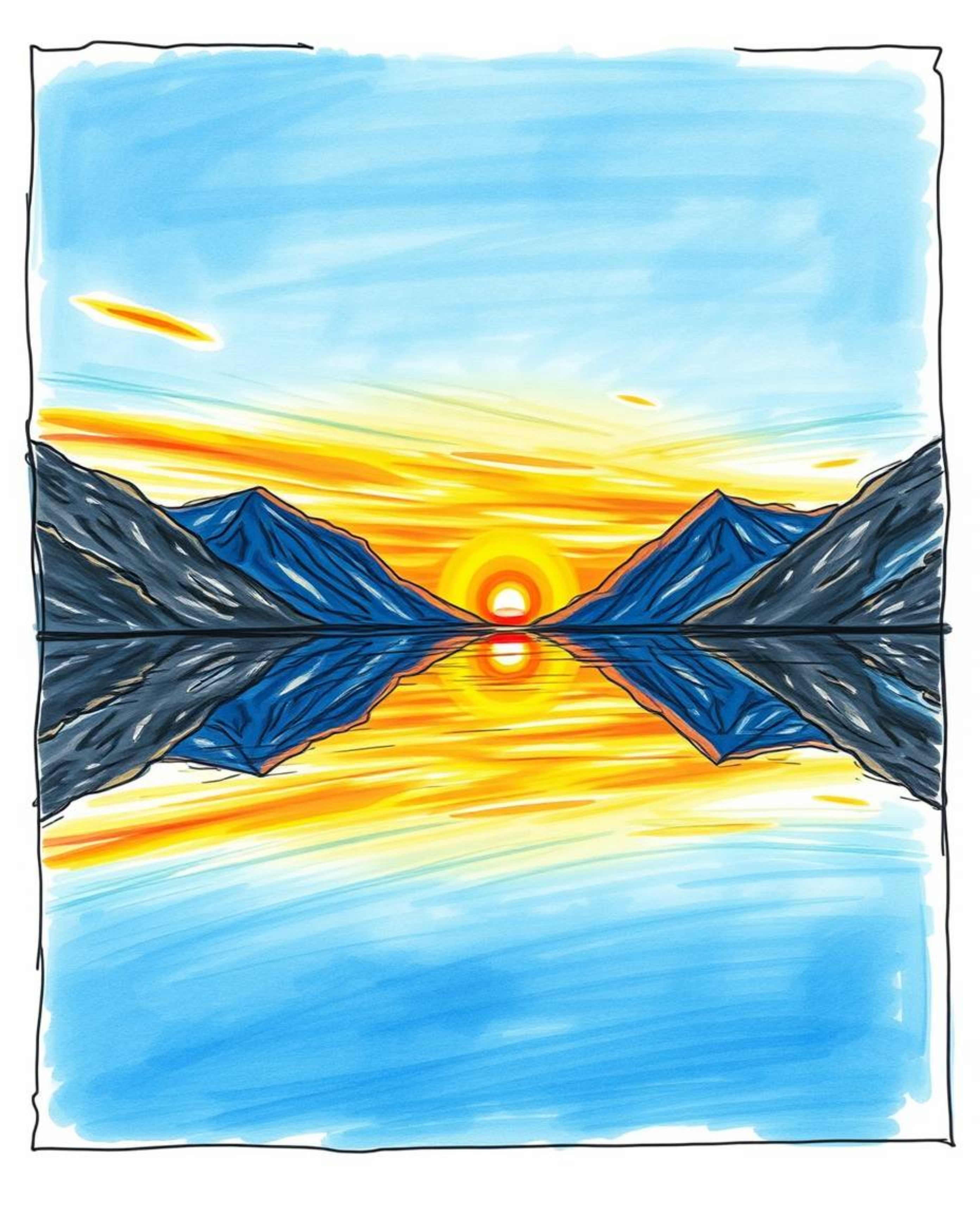 A hand-drawn sketch of a glassy fjord reflecting a sunset, executed in a dynamic color sketchnote style. This artwork feature